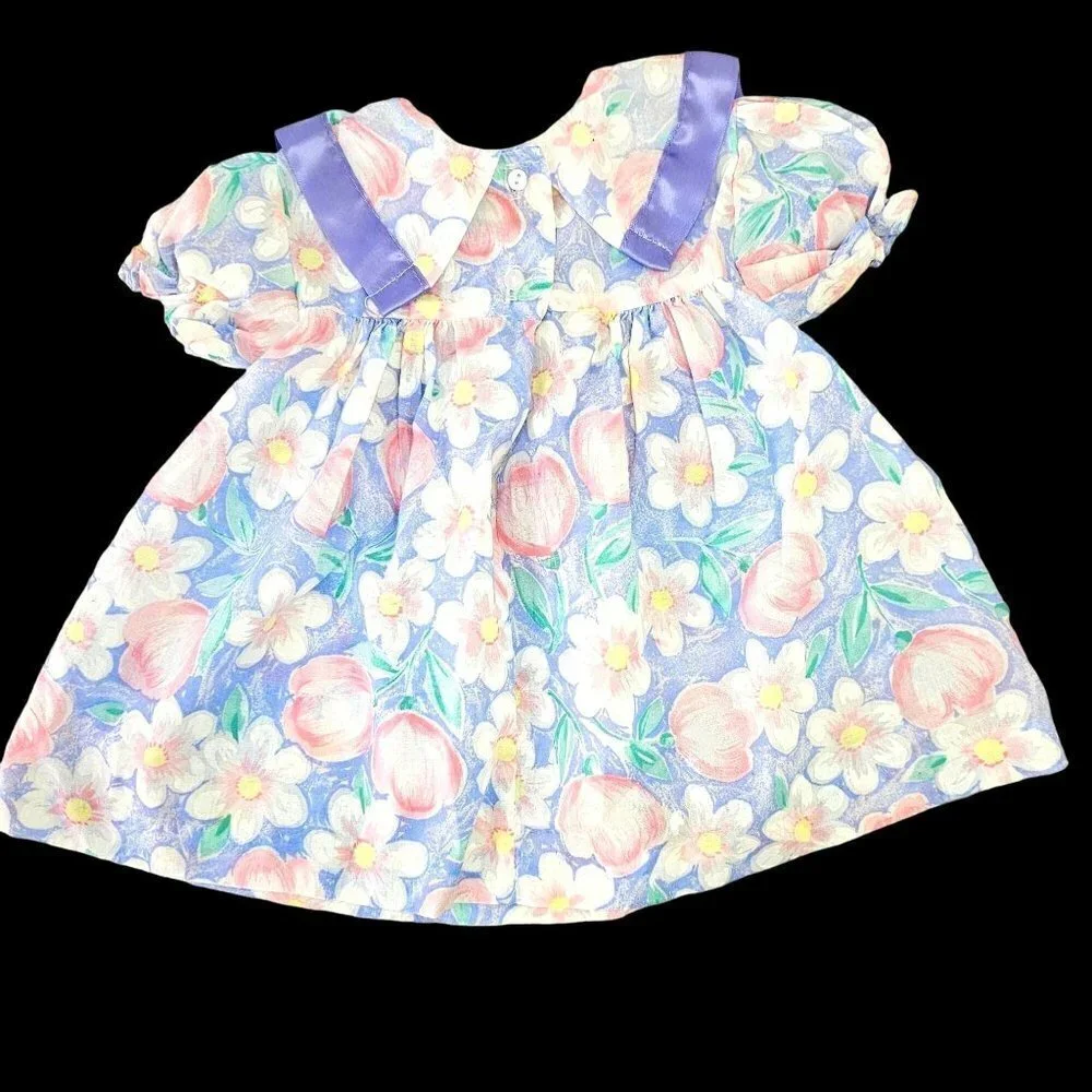 60s Cutest One Baby Girl Dress Puff Sleeve Button Close Cotton Poly Infant 12 Mo